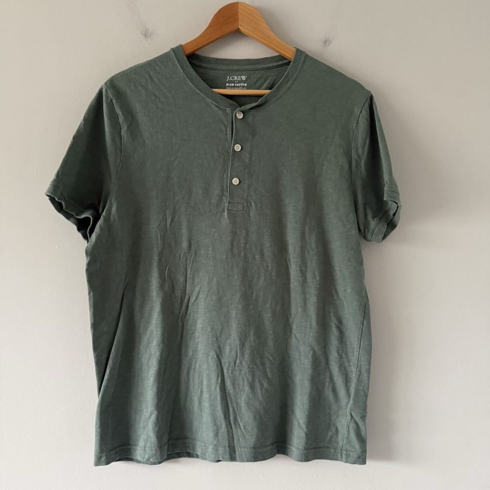 J Crew Slub Short Sleeve Henley Shirt Mens Medium Green Casual Basic Minimalist